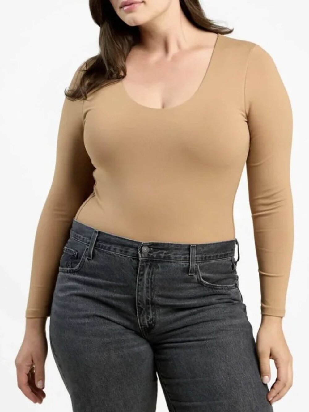 Nuuds Long Sleeve Scoop Neck Bodysuit, Cinnamon, Size S